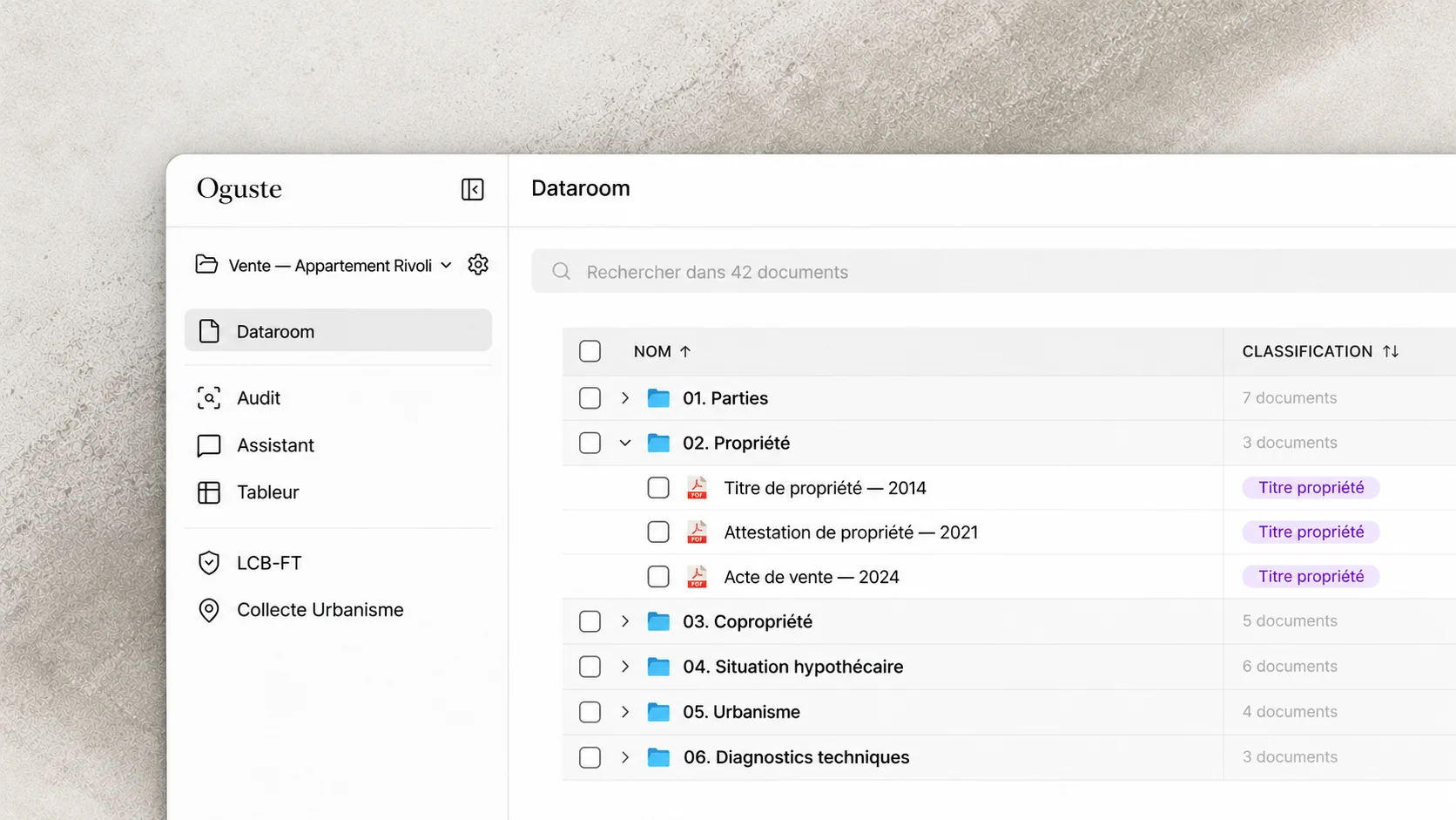 Dataroom Oguste : pièces d’un dossier de vente d’appartement