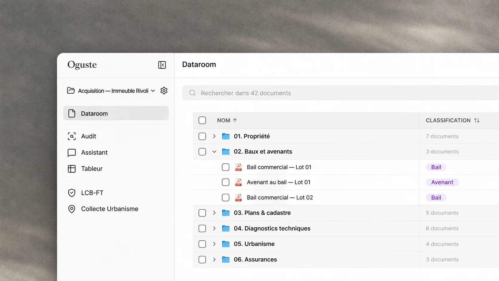 Dataroom Oguste : pièces d’une acquisition d’immeuble